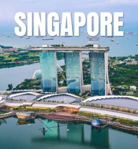 A vibrant skyline of Singapore featuring iconic buildings and lush greenery, perfect for a travel guide cover.