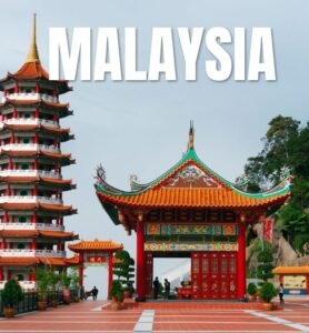 A vibrant travel guide cover featuring iconic Malaysian landmarks and lush landscapes, inviting exploration of Malaysia.