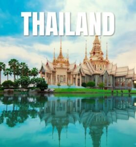 A vibrant travel guide cover featuring iconic Thai landmarks and colorful imagery, inviting exploration of Thailand.