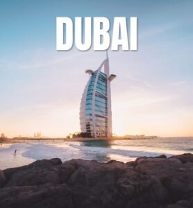 A vibrant Dubai skyline featuring iconic buildings, perfect for a travel guide on exploring the city.