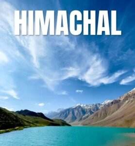 Scenic view of Himachal Pradesh mountains with a travel guidebook highlighting tourism attractions.